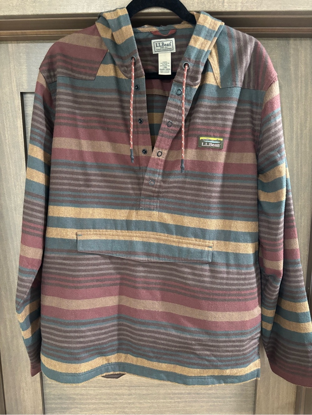 L.L.Bean Striped Hooded Pullover in Rust, Teal & Tan